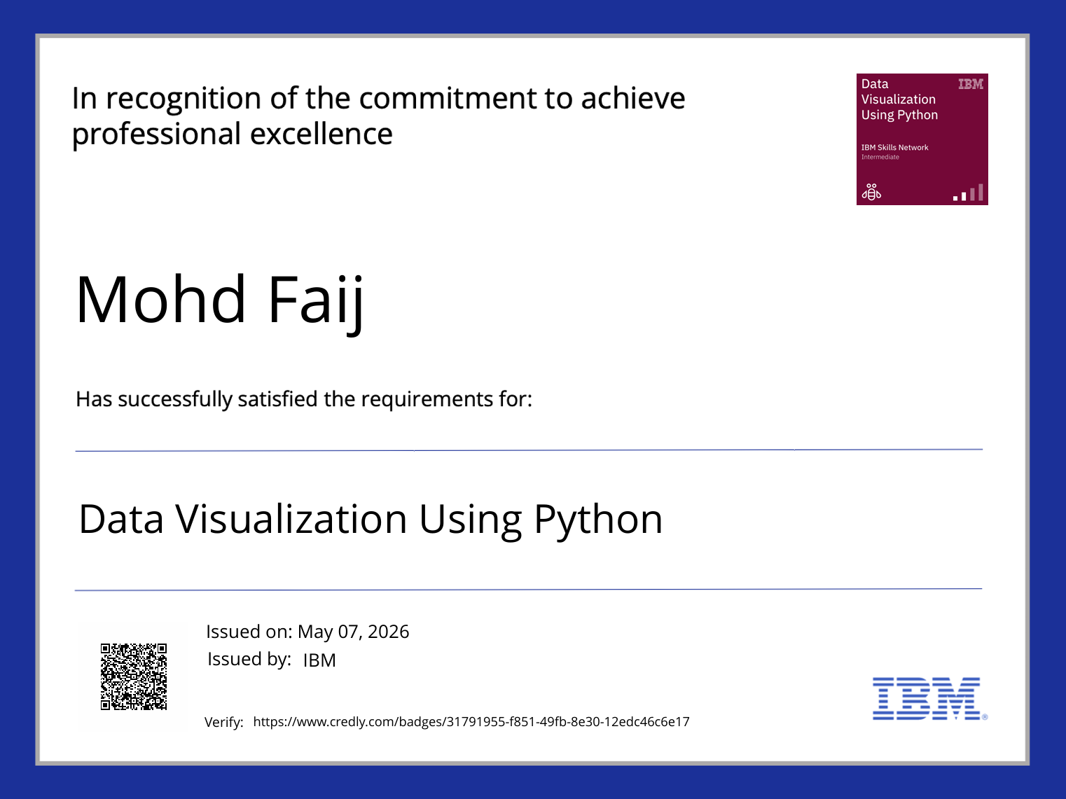 IBM Data Visualization Using Python Certificate