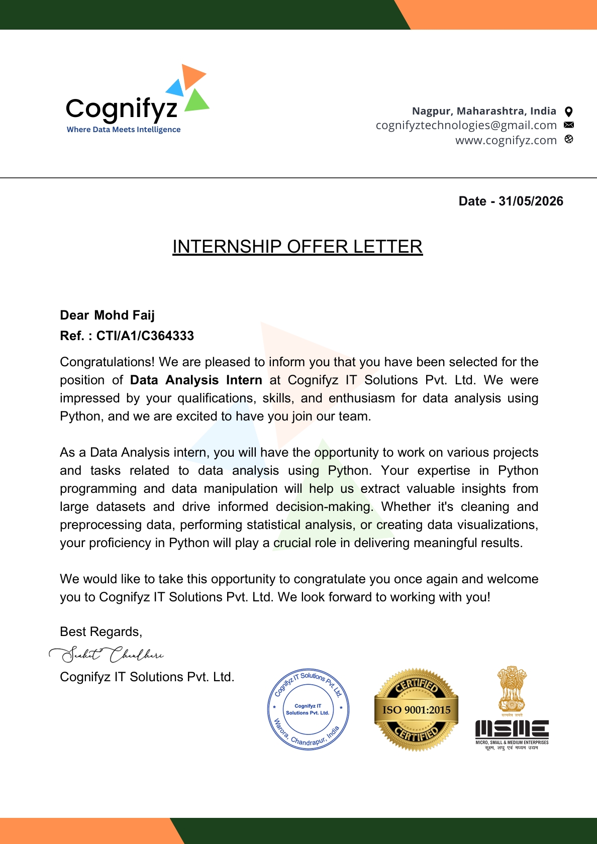 Cognifyz Data Analytics Internship Certificate
