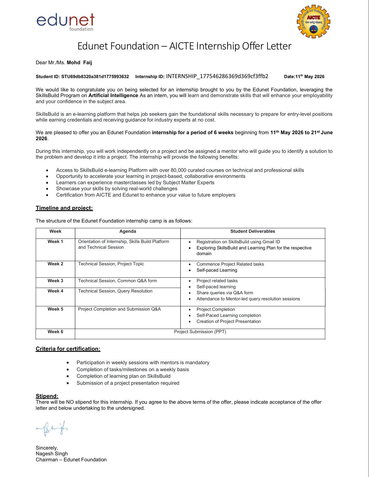 Edunet Foundation AI Internship Certificate